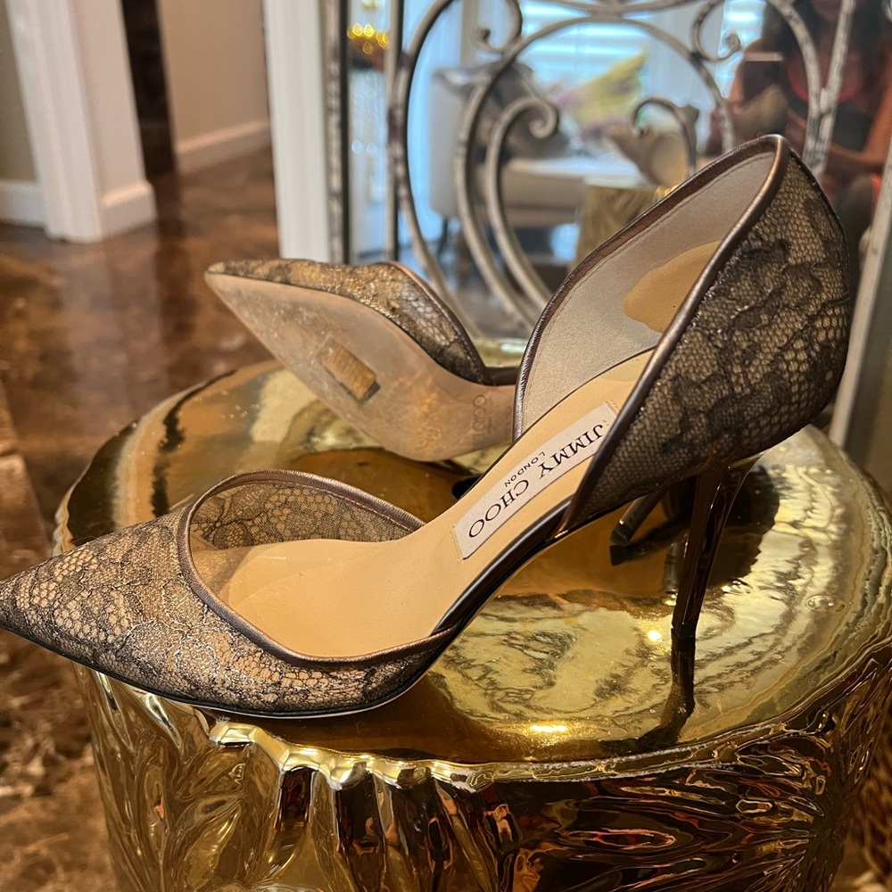 Jimmy Choo in platinum/gold lace and leather